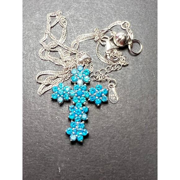 Neon Apatite Rhodium Over 925 Cross Pendant With Chain - Picture 8 of 11